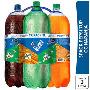 Gaseosa PEPSI + 7UP + CONCORDIA Naranja Botella 3L Paquete 3un