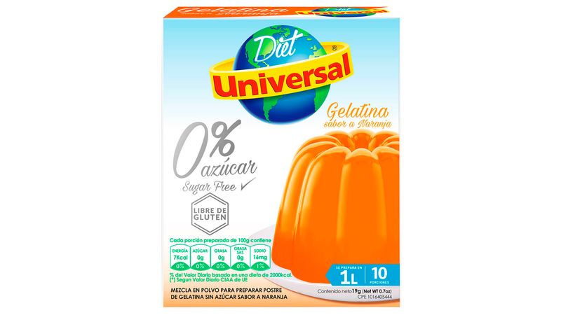 Gelatina UNIVERSAL Sabor a Naranja sin Azúcar Caja 19g