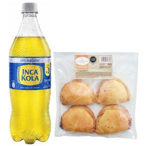Pack Gaseosa INCA KOLA Sin Azúcar Botella 1L + Empanada de Pollo Paquete 4un