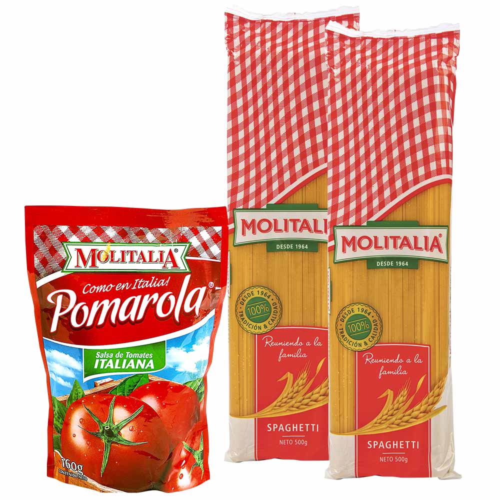 MOLITALIA Fideos Spaghetti MOLITALIA Paquete 500g 2un + Salsa de Tomate  MOLITALIA Pomarola Doypack 160g - El Compras