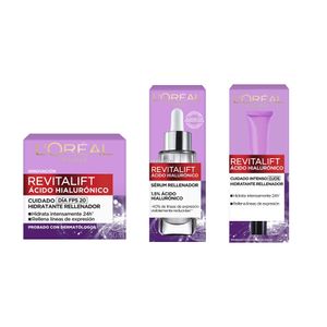 Pack L'OREAL Crema Facial Ácido Hialurónico Día Frasco 50ml + Crema Revitalift Contorno Ojos Tubo 15ml + Crema Revitalift