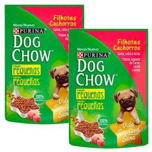 Pack Comida para Perros DOG CHOW Cachorros Razas Pequeñas Sabor Carne, Leche y Arroz Pouch 100g Paquete 2un