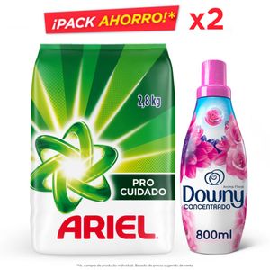 Pack Detergente en Polvo ARIEL Pro Cuidado Bolsa 2.8Kg + Suavizante de Ropa DOWNY Floral Botella 700ml