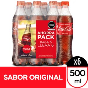 Gaseosa COCA COLA Sabor Original Botella 500ml Six Pack