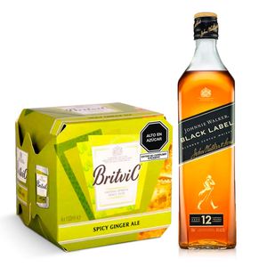Pack Whisky JOHNNIE WALKER Black Label Botella 750ml + Ginger Ale BRITVIC Paquete 4un Lata 150ml