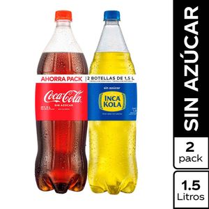 Pack Gaseosa COCA COLA sin Azúcar Botella 1.5L + Gaseosa INCA KOLA sin Azúcar Botella 1.5L