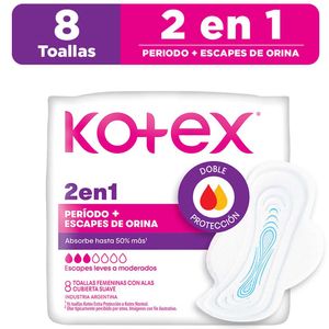 Toallas Higiénicas KOTEX 2 en 1 Doble Protección Bolsa 8un