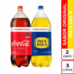 Gaseosa COCA COLA + INCA KOLA Botella 3L Paquete 2un