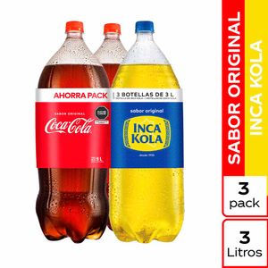 Gaseosas COCA COLA Sabor Original 2 Botellas 3L + Gaseosa INCA KOLA Sabor Original Botella 3L