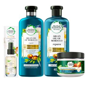 Pack HERBAL ESSENCES Champú Aceite Argán Frasco 400ml + Acondicionador + Mascarilla Aceite Argán y Aloe Frasco 300ml + Tratamiento Capilar