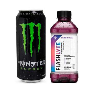 Pack Bebida Energizante MONSTER Energy Lata 473ml + Rehidratante FLASHLYTE Sabor a Uva Botella 625ml