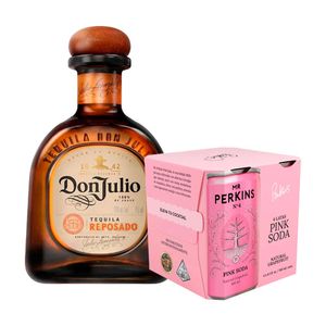 Pack Tequila DON JULIO Reposado Botella 750ml + Agua Saborizada MR PERKINS Soda Pink 4 Pack Lata 180ml