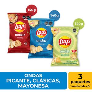 Pack LAY'S Papas Ondas Clásicas 140g + Papas Picantes 140g + Papas con Mayonesa 140g