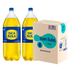 Pack Gaseosa INCA KOLA Sabor Original Botella 3L Two Pack + Agua SAN LUIS sin Gas Caja 20L
