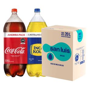 Pack Gaseosa COCA COLA Sabor Original + INCA KOLA Sabor Original Botella 3L Paquete 2un + Agua SAN LUIS sin Gas Caja 20L