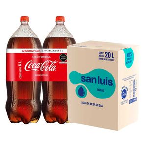 Pack Agua SAN LUIS sin Gas Caja 20L + Gaseosa COCA COLA Sabor Original Botella 3L Two Pack
