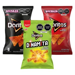 Pack Tortillas de Maíz DORITOS Queso Fuego + Tortillas de Queso Dinamita + Tortillas de Maíz Queso Atrevido Bolsa 90g