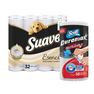 Pack Papel Higiénico SUAVE Esencias Elegance Paquete 32un + Paño Reutilizable SCOTT Duramax Paquete 1un