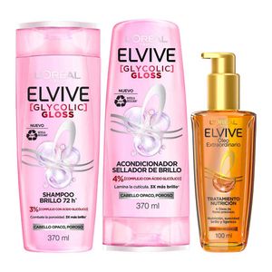 Pack ELVIVE Shampoo Glycolic Gloss Frasco 370ml + Aceite Óleo Extraordinario Frasco 100ml + Acondicionador Glycolic Gloss Frasco 370ml